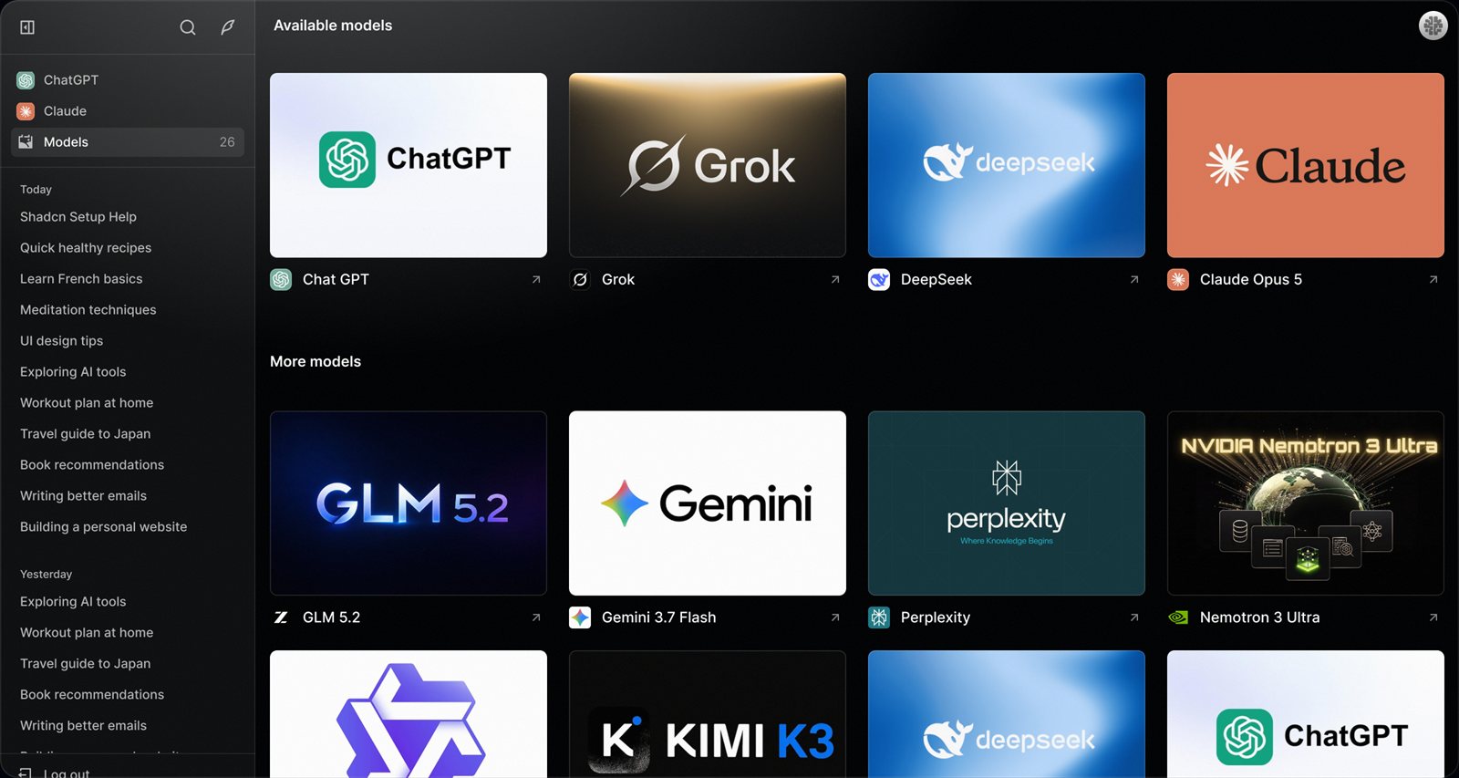 All AI launcher showing available AI models